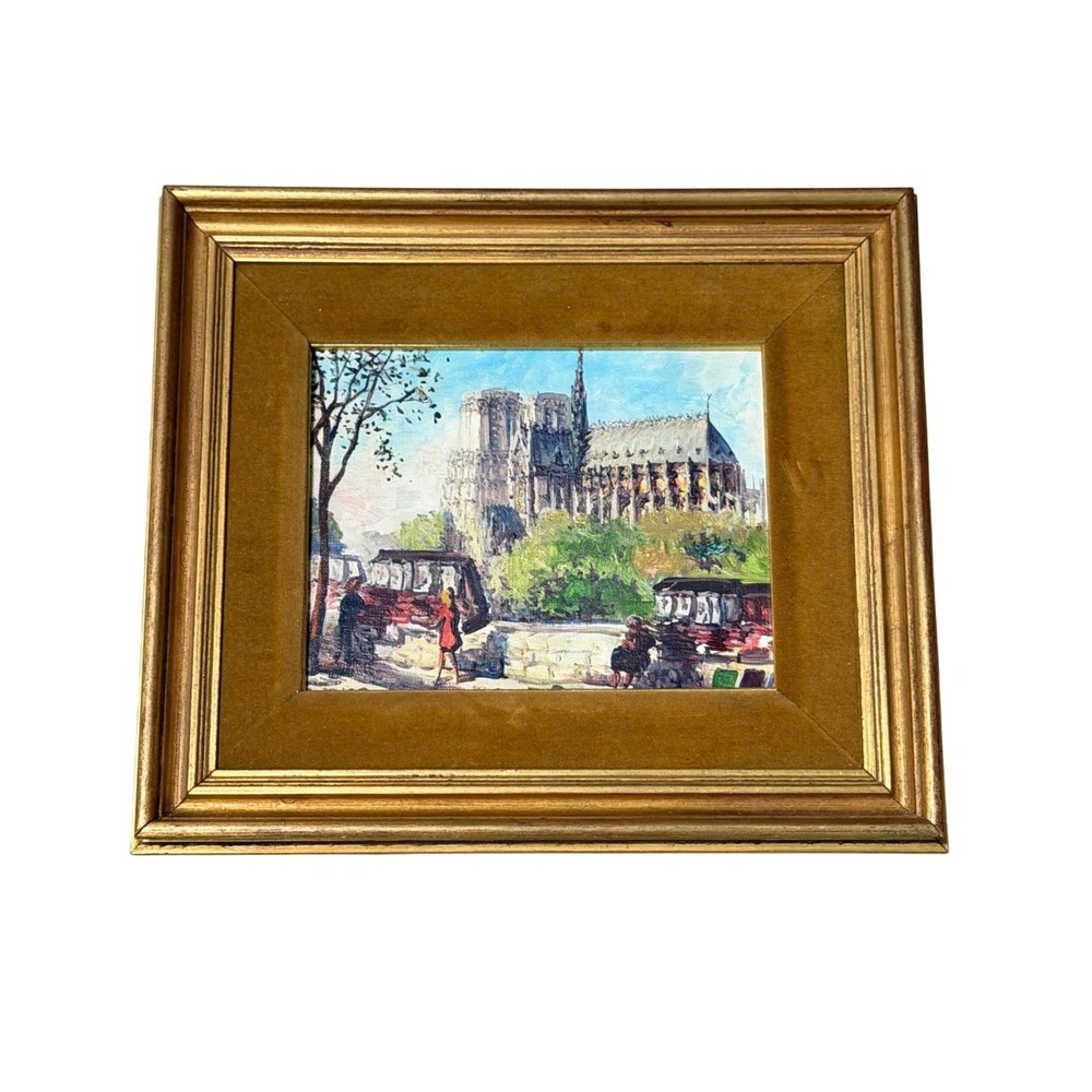 Vintage Paris Street Scene Oil Painting  Small Gold Notre Dame 1974